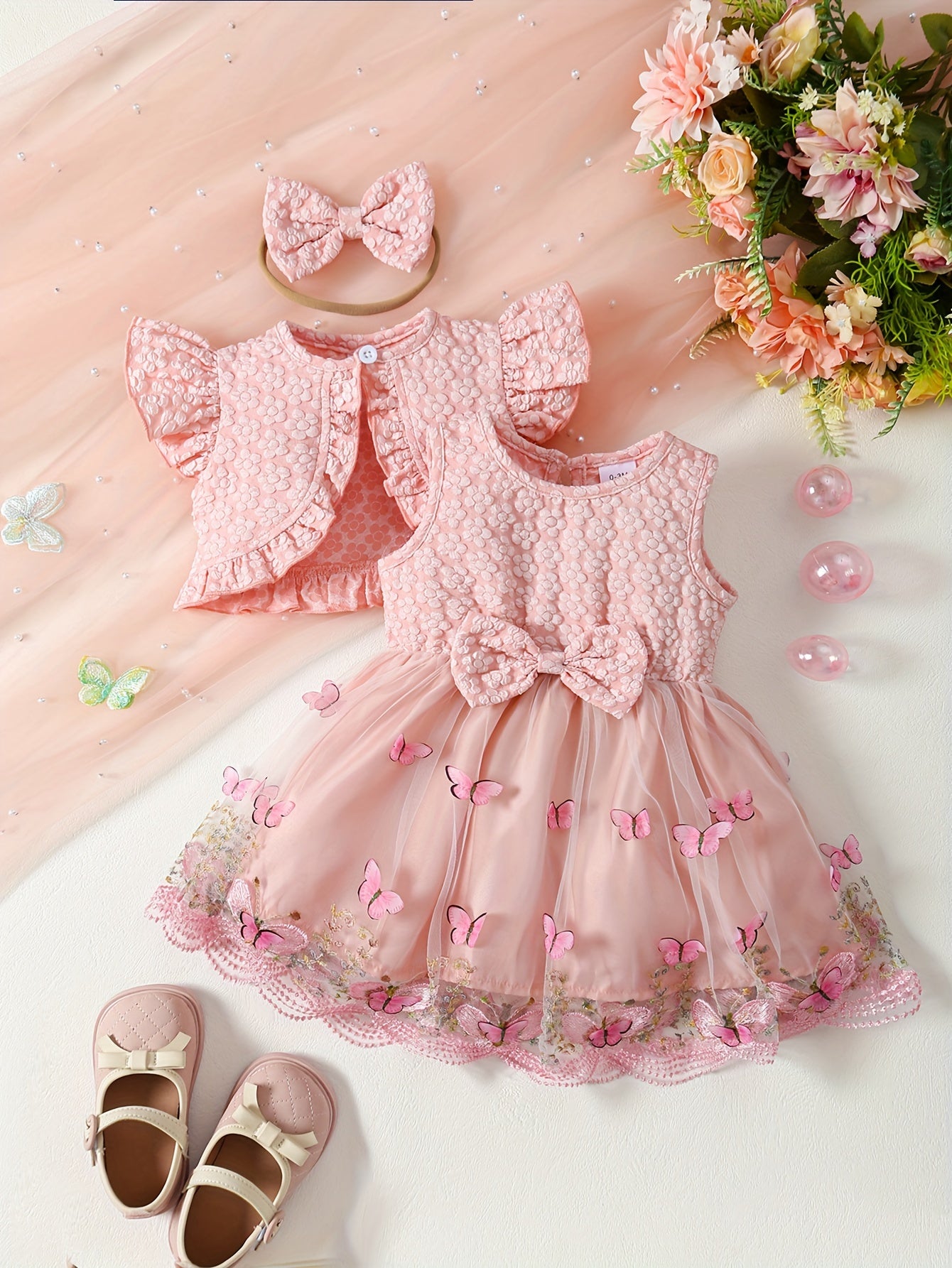 3-piece girls' summer outfit: Pink butterfly embroidered tulle dress with ruffle sleeves, polyester crop top with bow headband set. Machine washable, great for special occasions or outdoor