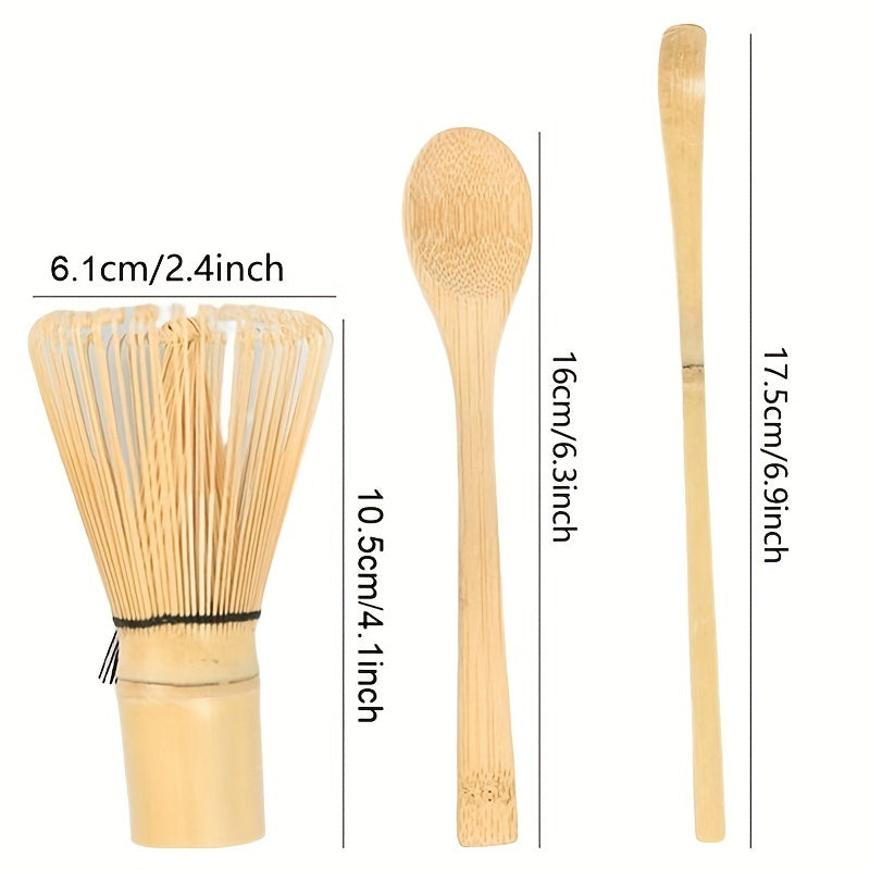 Traditional handmade starter kit includes a set of 3 pieces: matcha whisk, scoop, and spoon for whisking matcha tea. Kit includes a whisk (chasen), scoop (chashaku), and spoon.