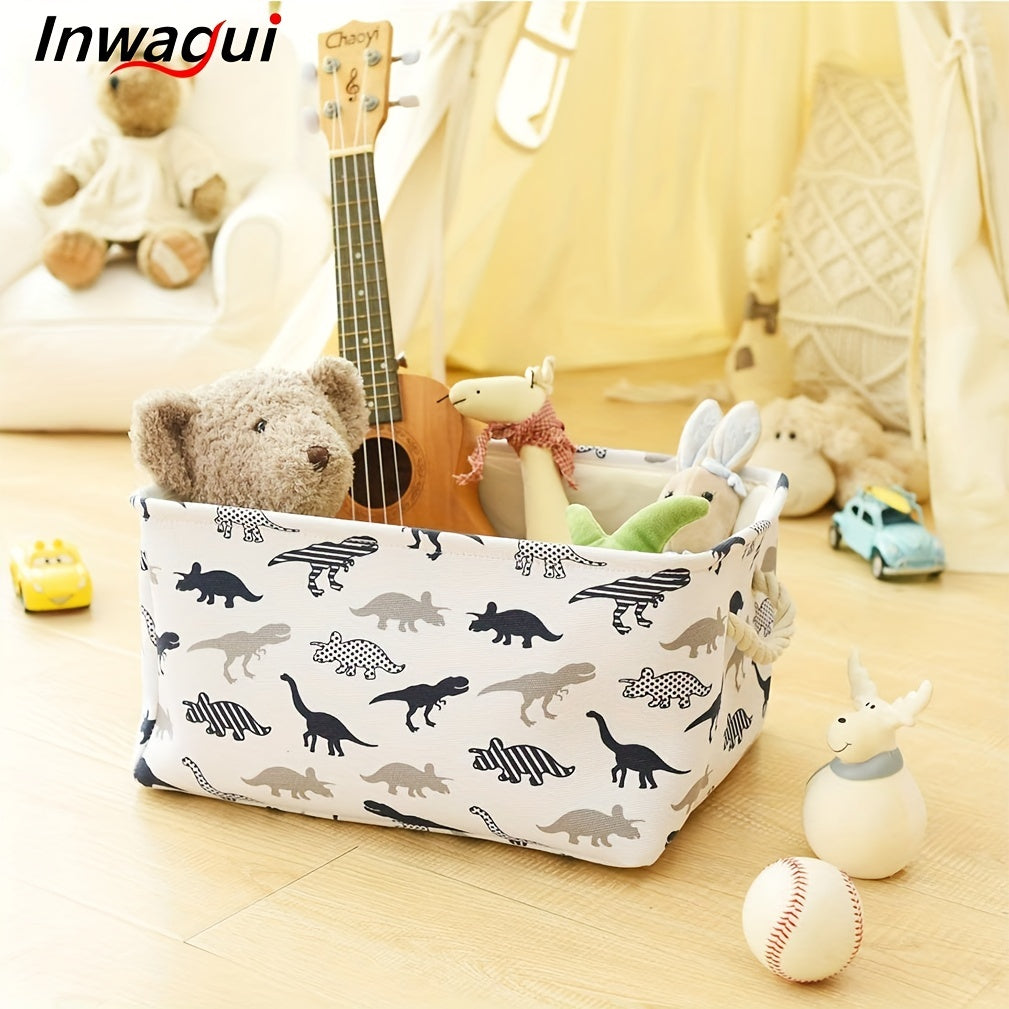 Art Deco style fabric basket for unisex baby toys, featuring animal print and a drawstring closure. Perfect for nursery shelves or wardrobe organization in a boy's room.