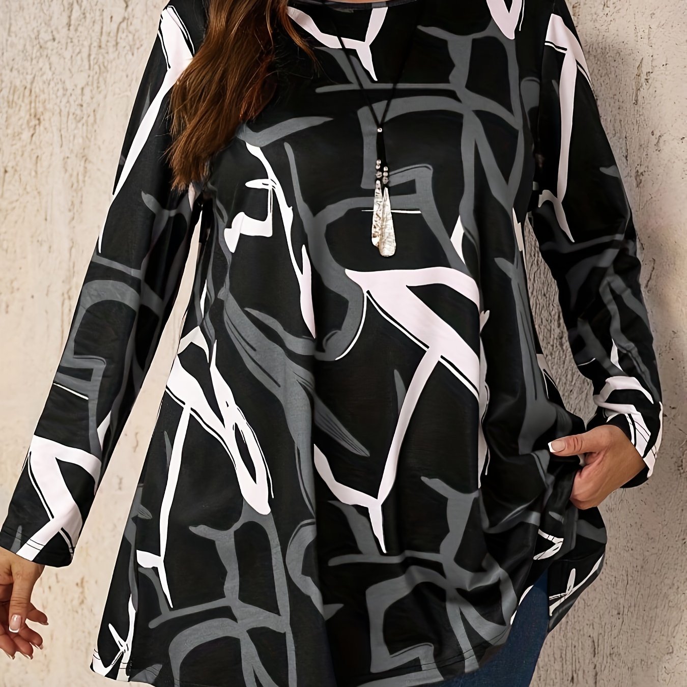 Women's Plus Size Color Block Print Crew Neck T-shirt, Casual Long Sleeve Top for Spring & Fall