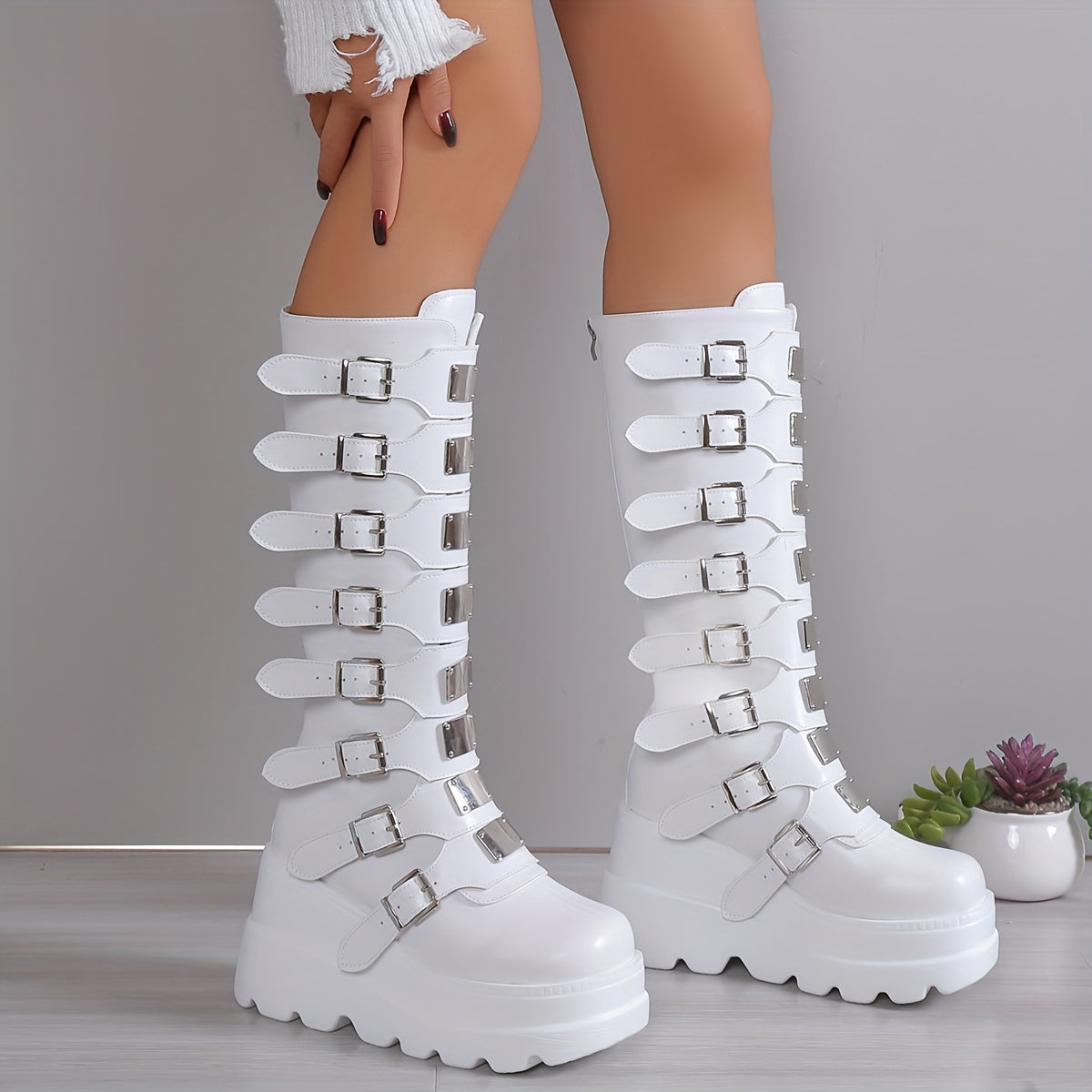 Women's fashionable buckle strap wedge boots with back zipper, perfect for carnival and music festivals.