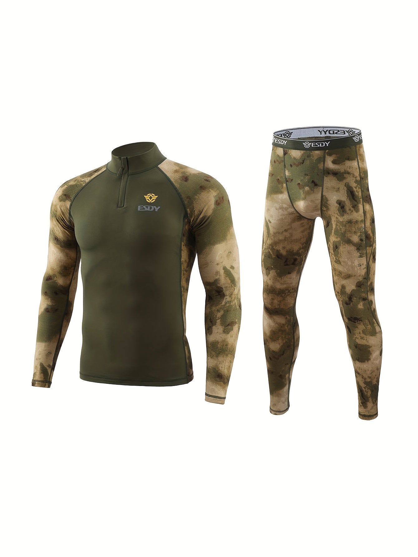 ESDY Men's Combat Shirt and Camo Leggings Set made of high-stretch knit fabric with zipper detail. Slim fit, long sleeve, made of 90% polyester and 10% spandex. Ideal for hiking and outdoor