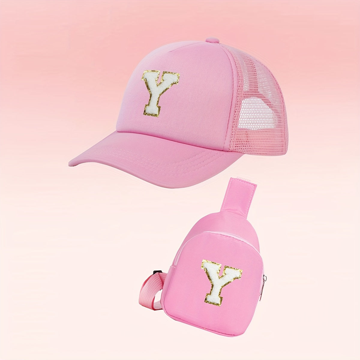 Alphabet-themed 2-piece set for girls includes a polyester baseball cap and bag, suitable for ages 3-14. Features a fitted, breathable design ideal for daily wear and special occasions