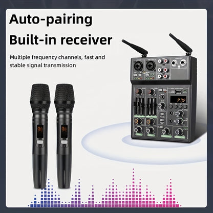 4-Channel Audio Mixer with UHF Mic System for Stage, Karaoke, and Live Performances – USB Powered, Alloy Construction, Black, Includes 2 Microphones and Phantom Power Supply, Mic Accessories