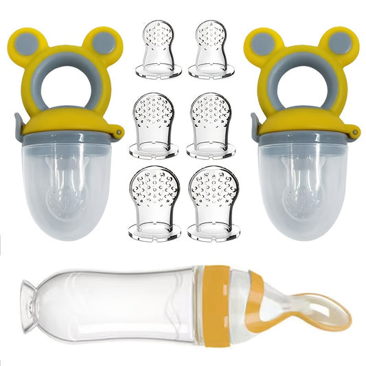 Baby Feeding Set includes 9 pieces with silicone squeeze bottle, fruit feeder, teething pacifier, and mixed color teething toys and nipples for infants.