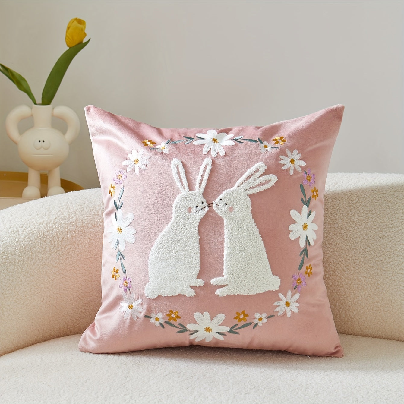 Easter Rabbit Polyester Cushion Cover, Easter Bunny Pillow Cover, Bedroom and Sofa Accessories, Collectible Building Decor (Cushion not included)