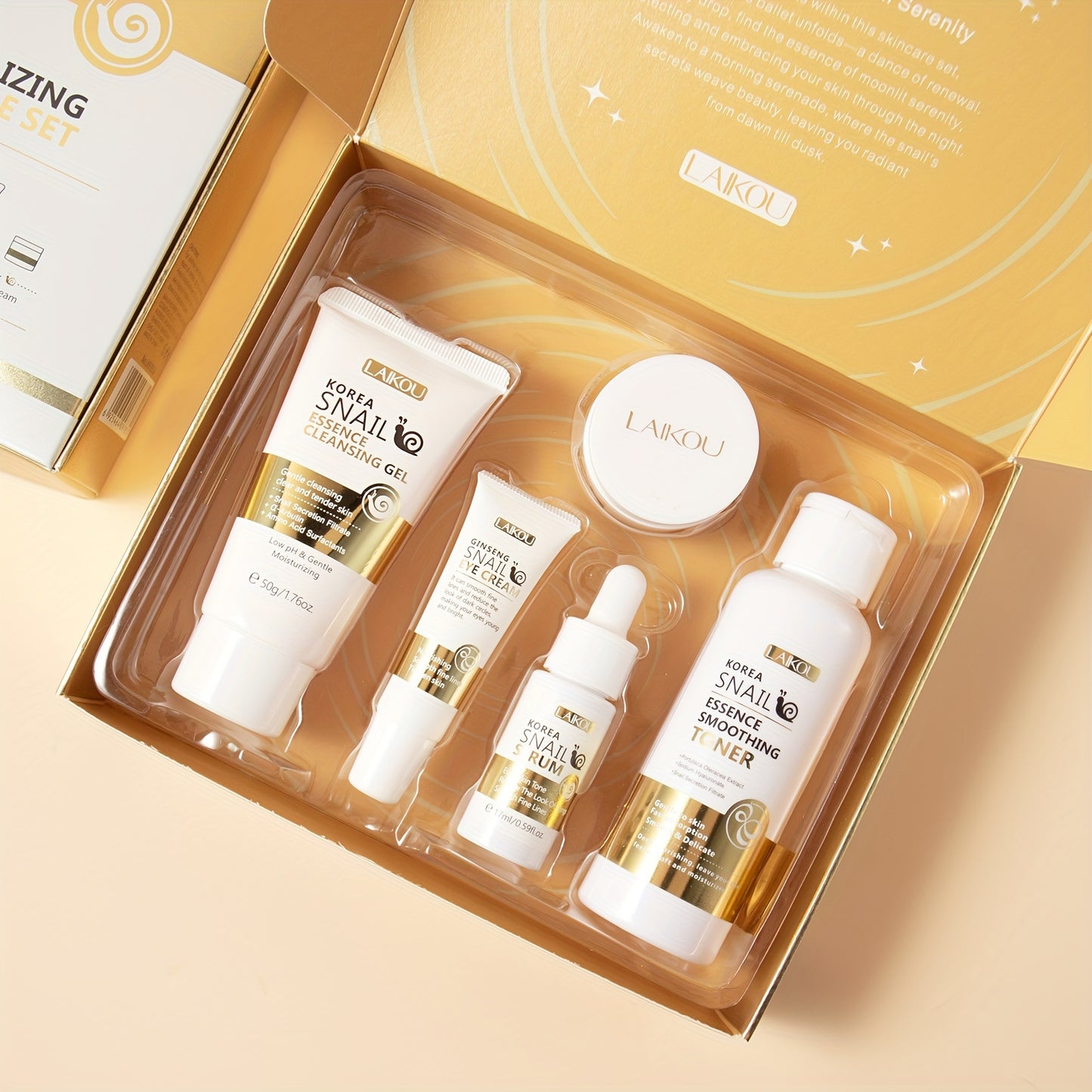 LAIKOU Snail Mucin 5-Step Skincare Set: Hypoallergenic, Revitalizing Kit for All Skin Types, Includes Cleanser, Toner, Serum, Eye Cream, and Cream - Moisturizing and Smoothing.