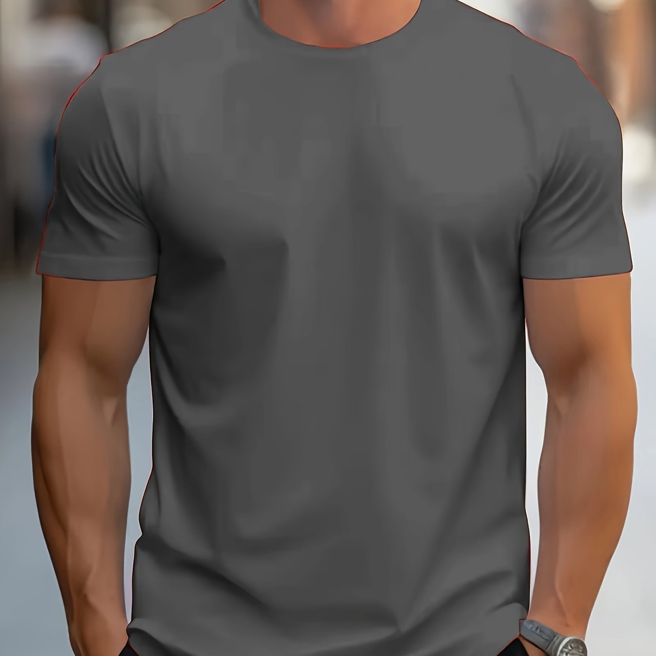 Men's Solid Color Crew Neck T-Shirt - 95% Polyester, 5% Spandex, Regular fit, Summer top for Adults.