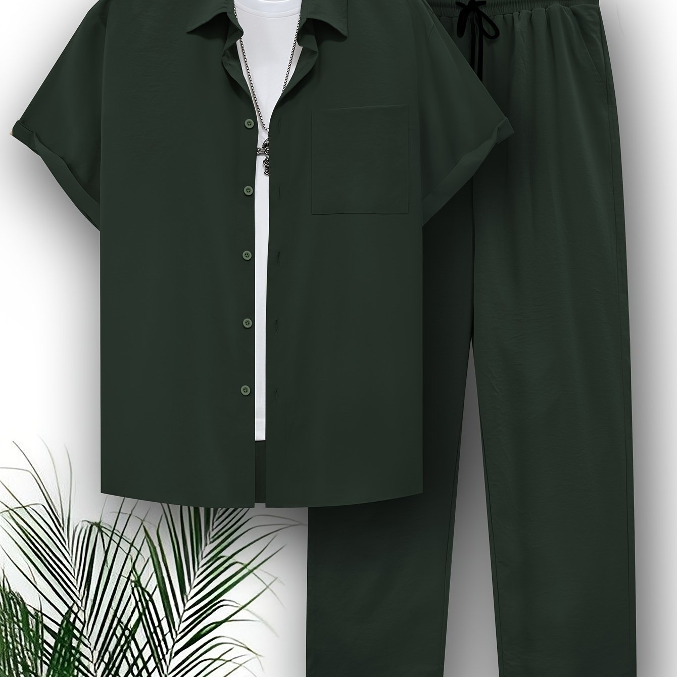 Men's 2-piece Spring Summer Leisure Outfit: Short Sleeve Lapel Shirt with Chest Pocket and Solid Drawstring Pants.