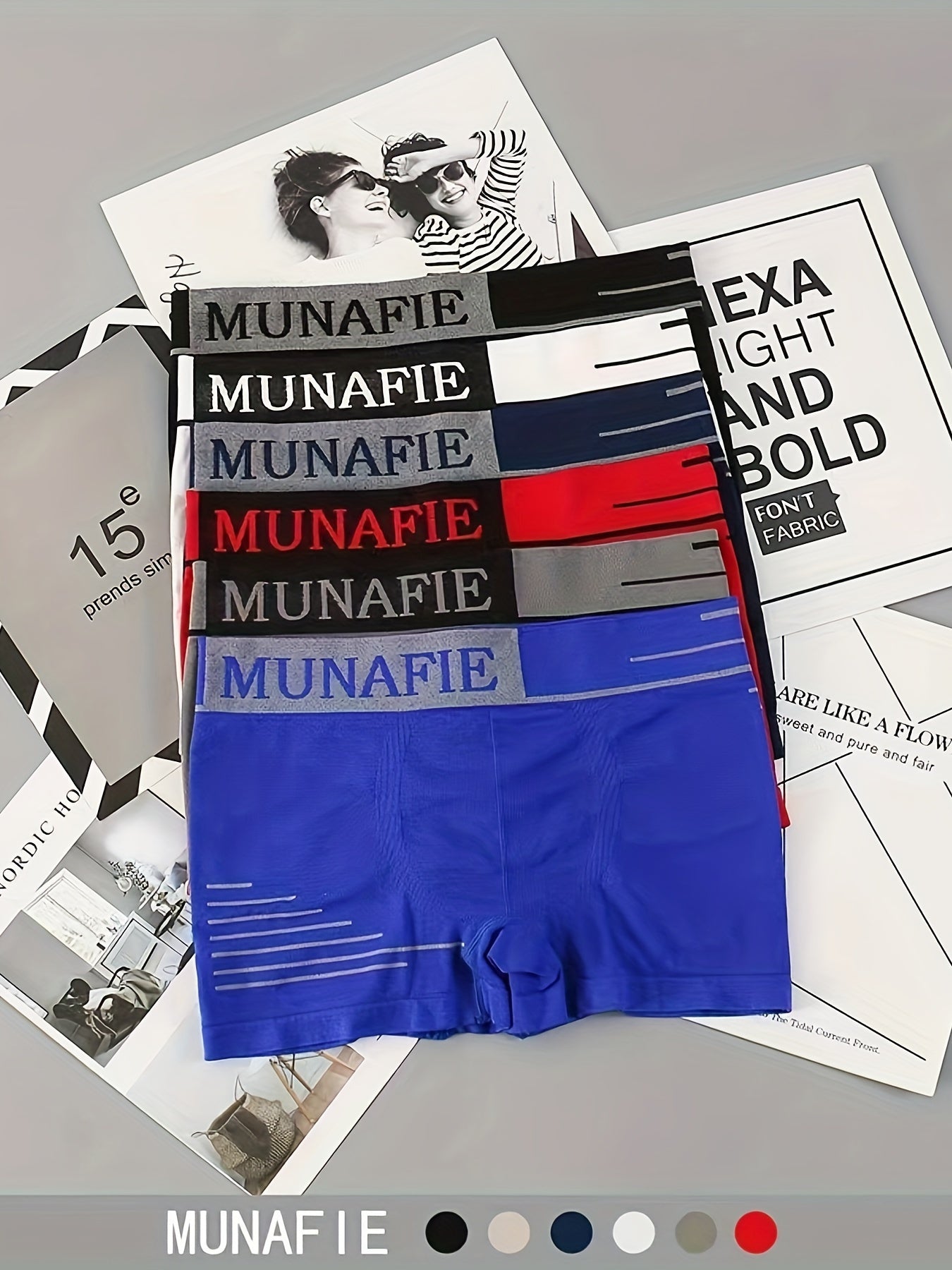 12pcs Men's Seamless Boxer Briefs in red, black, blue, and white with "MUNAFIE" print. Sizes S & M available. Breathable, quick-dry, stretchy fabric for everyday comfort.