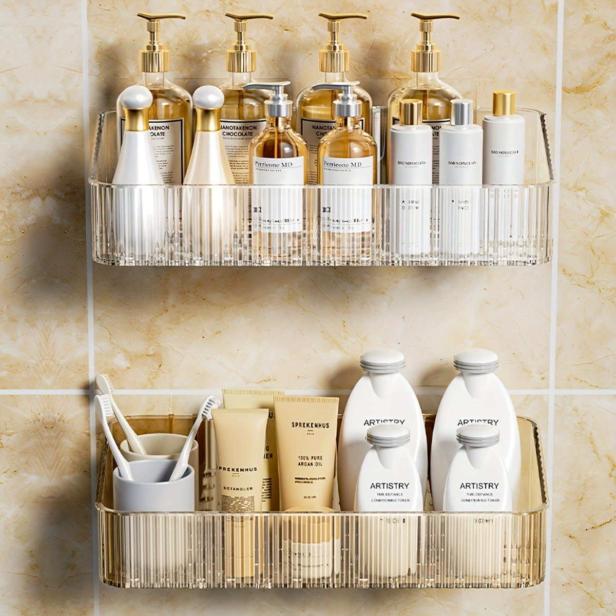 Sleek wall-mounted bathroom storage rack with transparent plastic shelves for toiletries. Easy, no-drill installation for marble bathrooms.