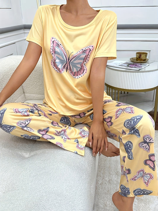 Women's casual butterfly print pajama set made from polyester knit fabric with elastane, includes crew neck short sleeve top and long pants for comfortable all-season sleepwear.