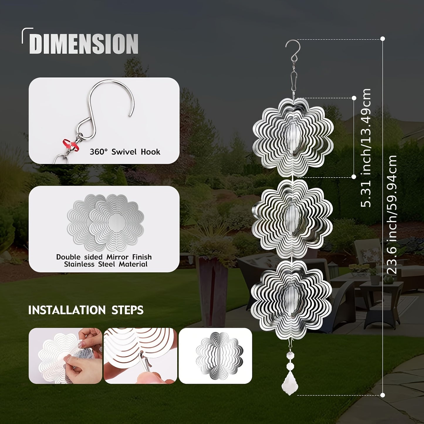 3-piece set of outdoor bird deterrents featuring a reflective golden hanging wind spinner to scare off birds from your garden. 5.3 inches in size.