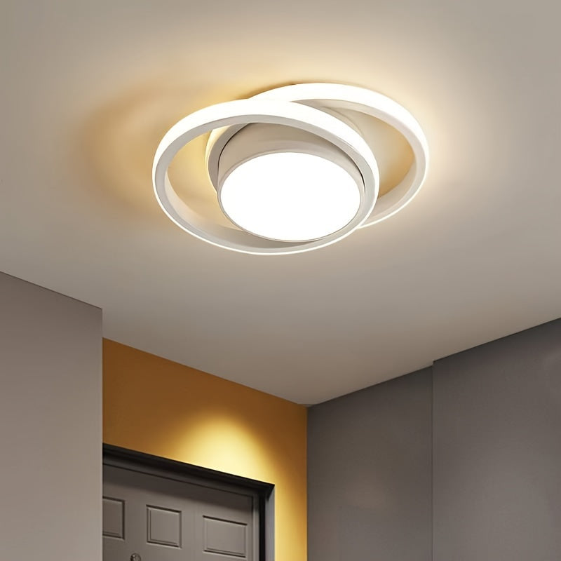 Contemporary LED ceiling light in sleek black design with dual-light source. Energy-efficient and durable, suitable for bedroom, bathroom, and kitchen. Features wide voltage range, 3-color