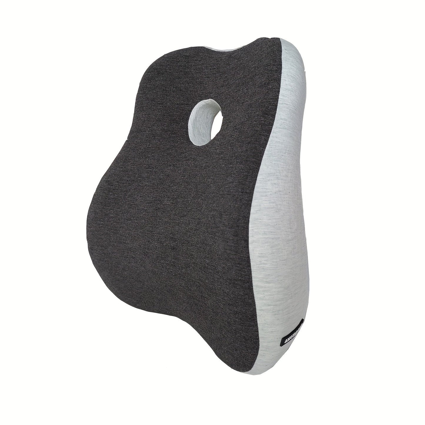 Grey 1pc Ergonomic Lumbar Support Pillow Cover with 3D Memory Foam Backrest Cushion and Adjustable Strap. Made with Hand Washable Knit Fabric and Zipper Closure. Multipurpose use for Office Chair, Car Seat, Recliner, Desk Chair, and Couch. Also available