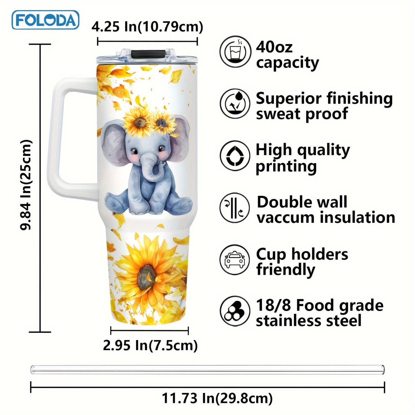 Foloda Cute Elephant 40oz Stainless Steel Tumbler: Perfect Gift for Elephant Lovers. Ideal for Wife, Mom, Daughter, Sister, Grandma. Great for Outdoor Camping.