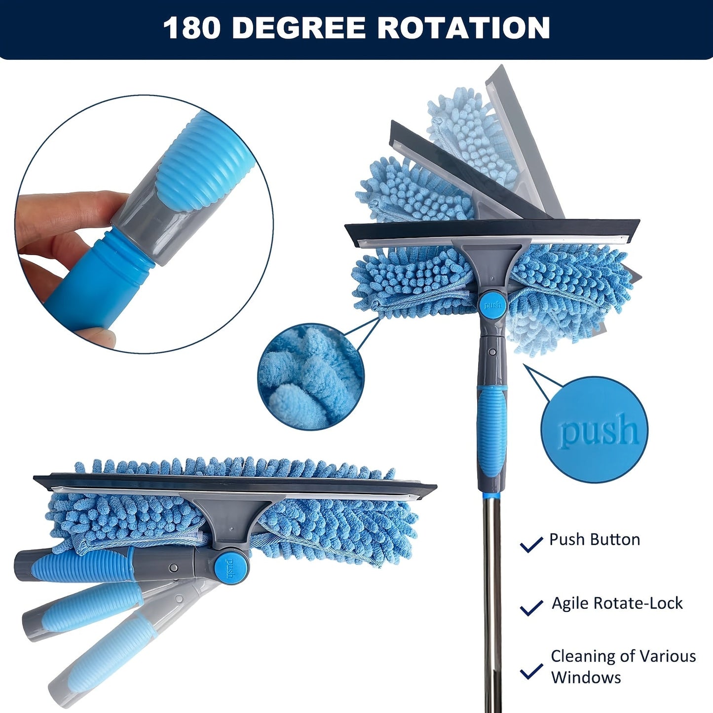 1 Retractable Window Cleaning Brush Kit with Telescopic Rod, Stainless Steel Handle, and Reusable Microfiber Pad - Includes High Reach Outdoor and Glass Cleaning Tool, Machine Washable, No Power Needed, 1 Rotatable Head, 2 Interchangeable Brushes Blue