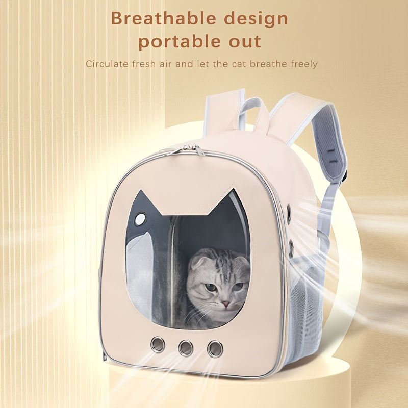 Portable cat backpack carrier with water-resistant material, breathable design and zip closure. Features comfortable shoulder straps for cats and small dogs, perfect for outdoor adventures.