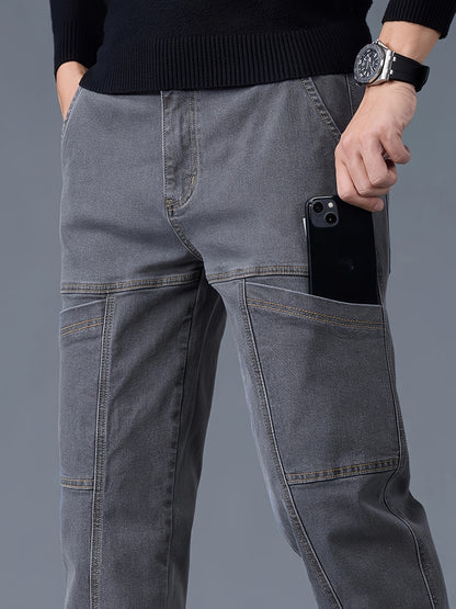 Men's fashion denim jeans made of 70% cotton, 28% polyester, and 1.3% elastane. Features a regular fit, mid waist, zipper fly, and all-season wear. Constructed with 300g/m² woven fabric