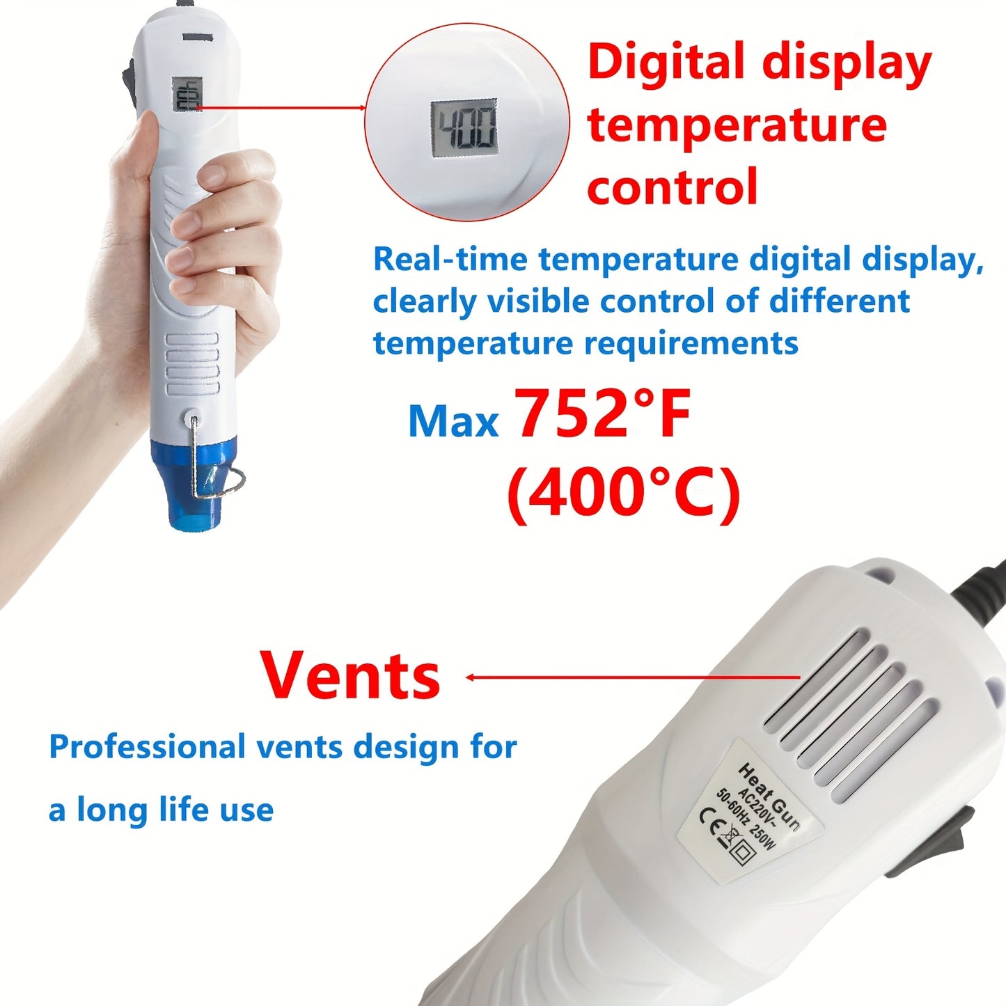 WONGIRL 300W Mini Hot Air Gun with Digital Display for Epoxy Resin Bubble Removal, Drying & Shrink Packaging.