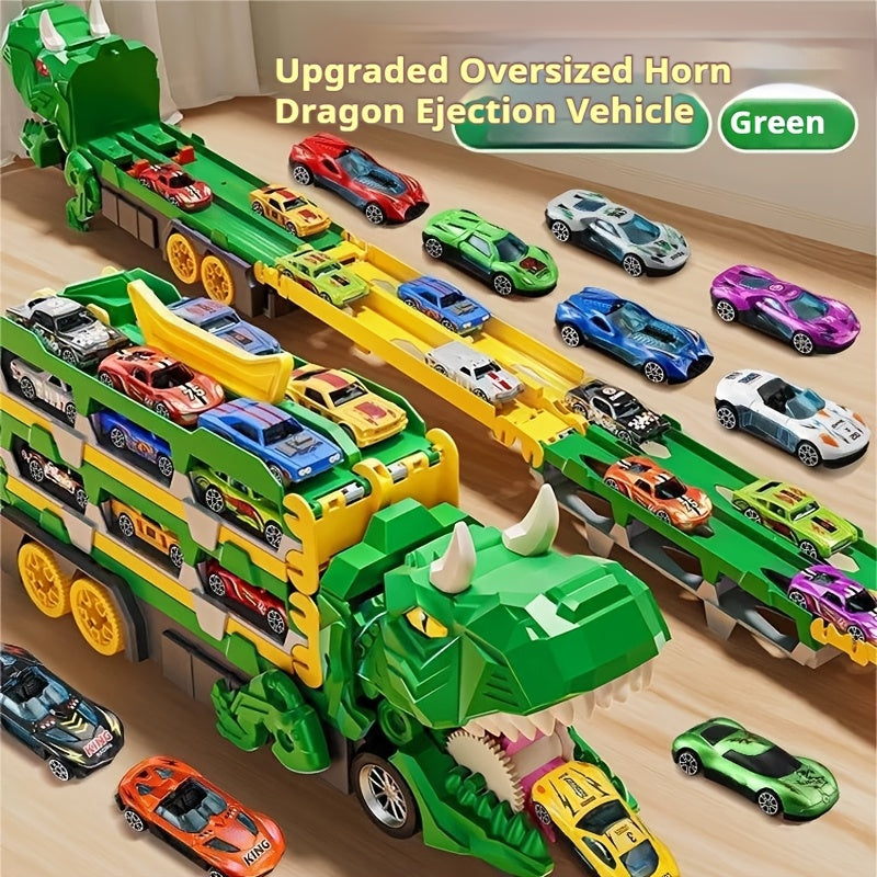 3-in-1 Dinosaur Transformer Truck Playset with 6 Mini Cars - Foldable, Slide Mechanism, 142.24cm Dual Track Racing, ABS Material, No Batteries Needed. Ideal for Garage Play. Ultimate Garage