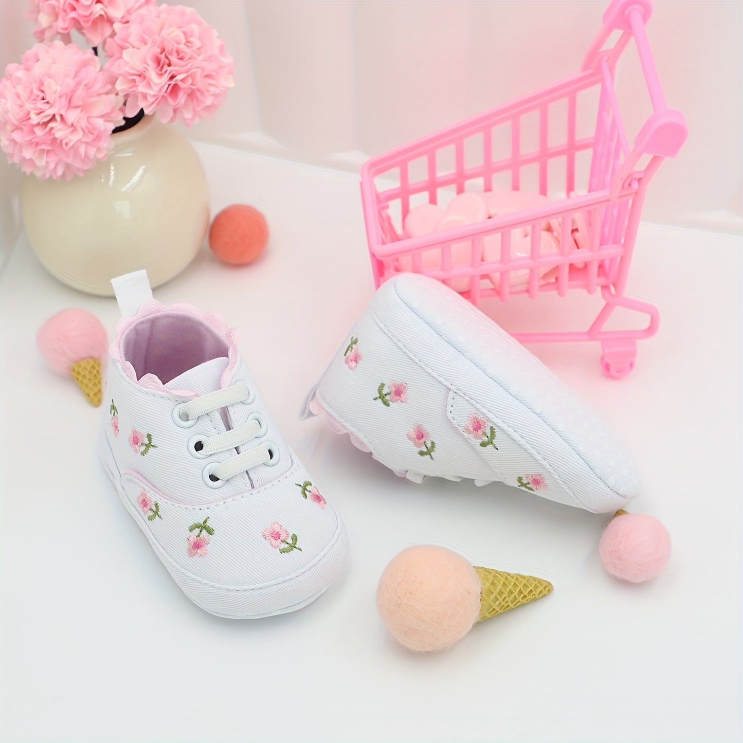 RABEISIR Floral Baby Girl First Walker Shoes in various colors, with soft sole Mary Jane style for parties and leisure activities.