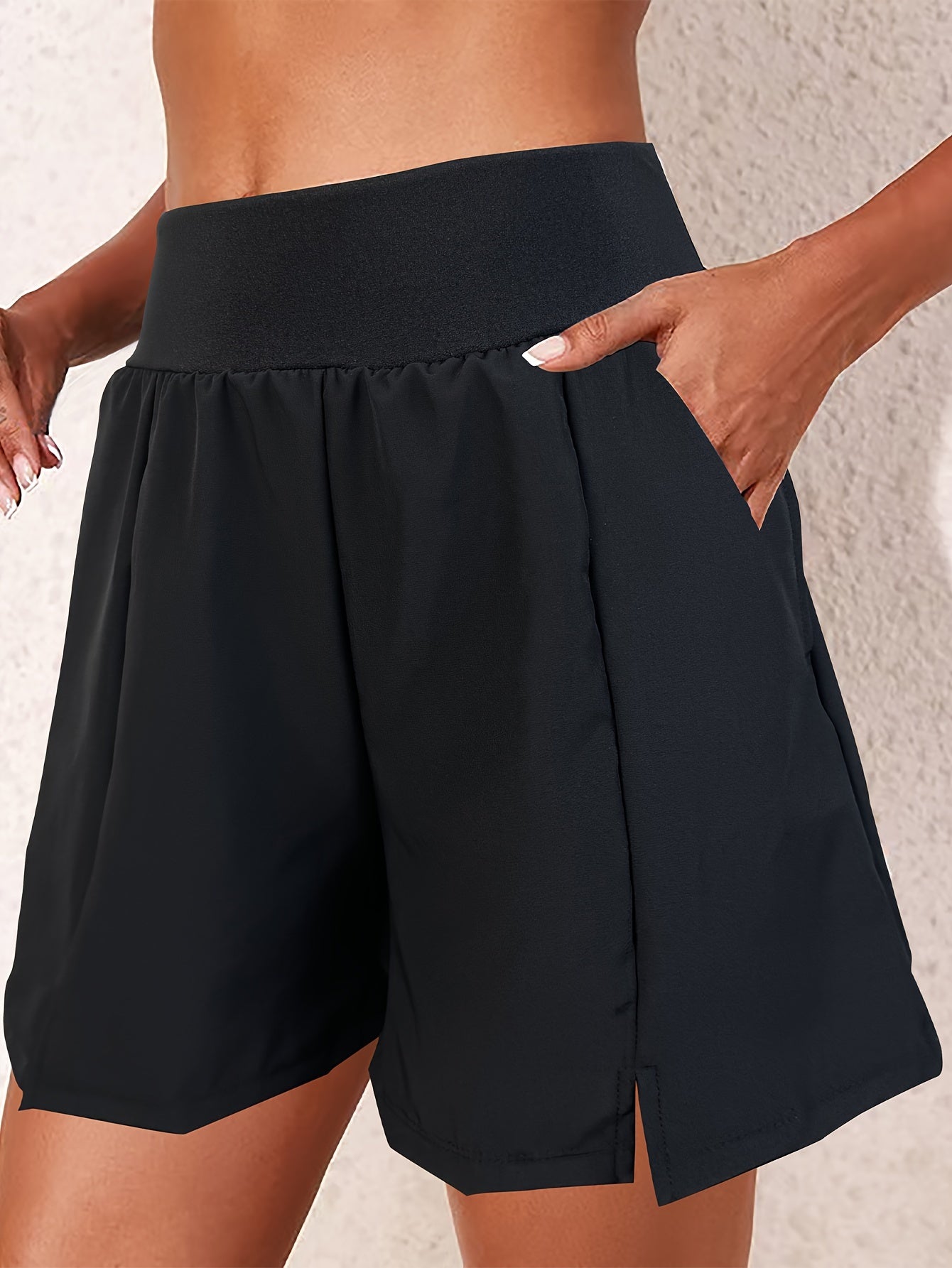 QVR Women's High-Waist Swim Shorts - Solid color, nylon & spandex blend, non-see-through, with pockets. Ideal for beach vacations.