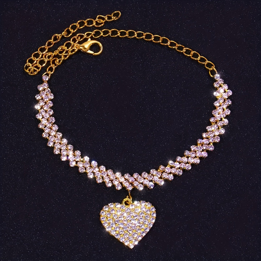 Pair of Stylish, Elegant, Opulent Claw Chain Bracelet and Anklet Set Adorned with Shimmering Water Drill Hearts