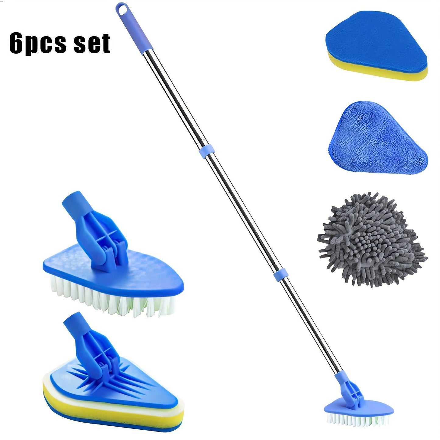 Home Cleaning Tool Set with Extendable Long Handle - Includes 4 Scrub Cleaning Brushes with Hard Bristle & Sponge Heads, Microfiber & Coral Velvet for Bathroom, Toilet, Bathtub, Kitchen, Walls, Windows - Lightweight and Detachable, Perfect for Shower