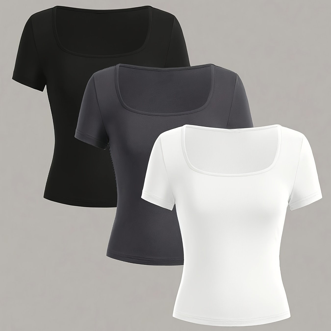 A set of 3 women's square neck short sleeve T-shirts in black, white, and red. Made of breathable polyester, slim fit, casual and sporty design, machine washable.