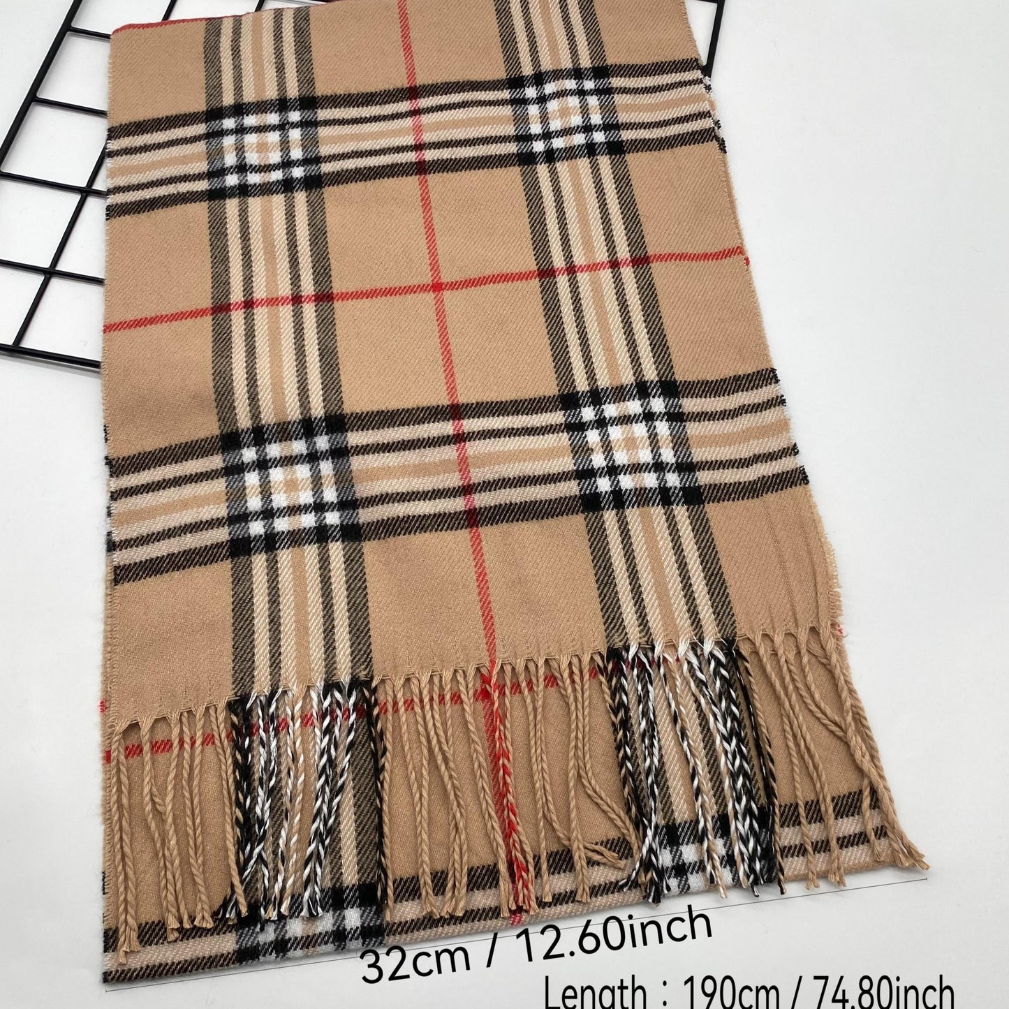 Soft and warm woven polyester men's scarf with classic checkered stripe design and fringe detail - 1 piece of classic style scarf.