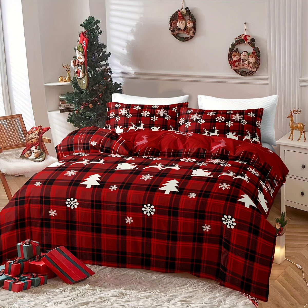 Christmas Duvet Cover Set includes 3 pieces featuring a Checkered Xmas Tree Elk Snowflake Print. This Soft and Comfortable bedding set is perfect for your Bedroom or Guest Room. Set includes 1 Duvet Cover and 2 Pillowcases. Note: Core not included.