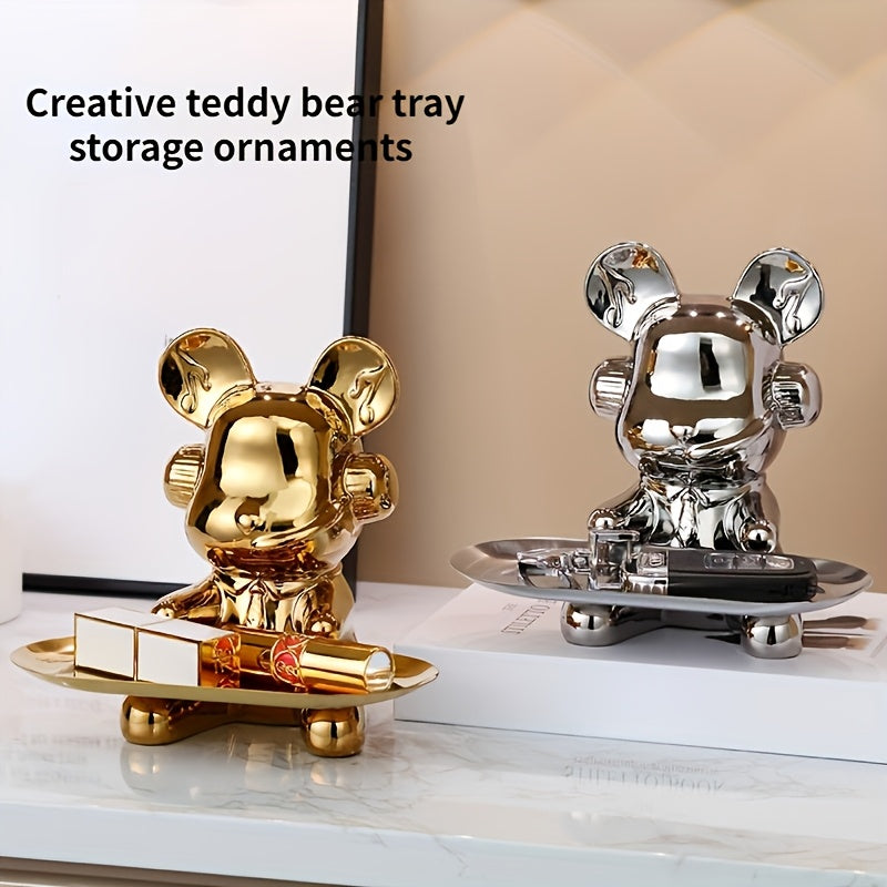 Elegant Ceramic Teddy Bear Key Tray and Money Saving Jar serves as a lightweight entryway organizer and decorative storage ornament.