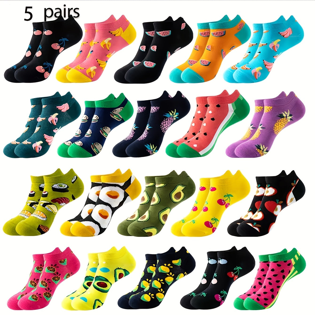 Trendy and comfortable avocado burger socks in random 10 or 20 pairs, suitable for daily wear.