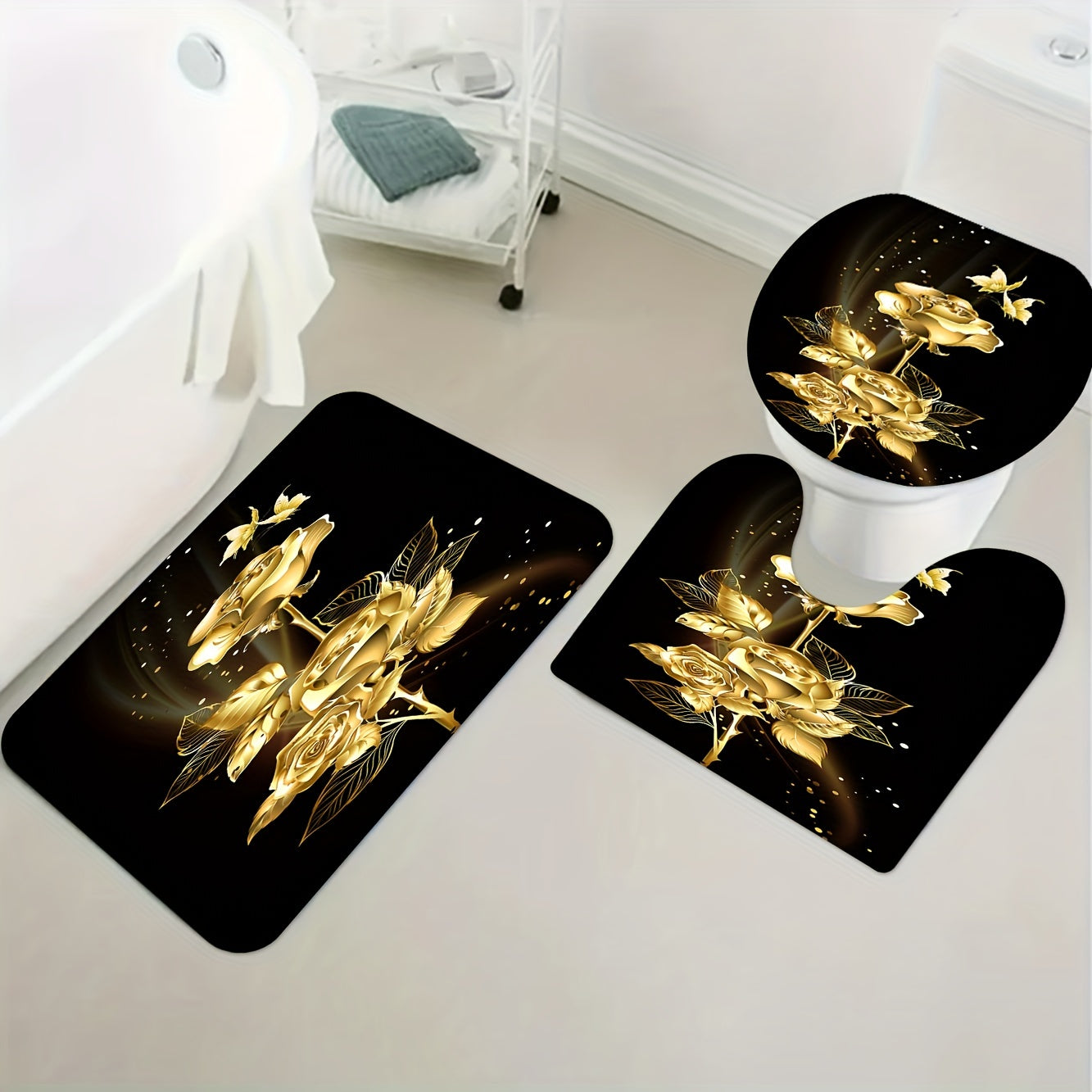 Black background and golden flower bathroom shower curtain set with toilet accessories.