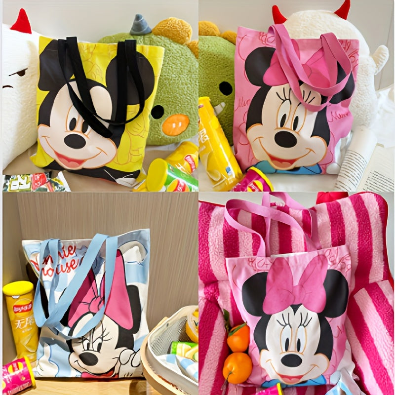 Large capacity Mickey & Minnie Mouse canvas tote bag, featuring an airtight design and rectangle shape. This fashionable shoulder bag for women is perfect for shopping with its fun cartoon print. Ideal for Christmas, Thanksgiving, Valentine's Day, or