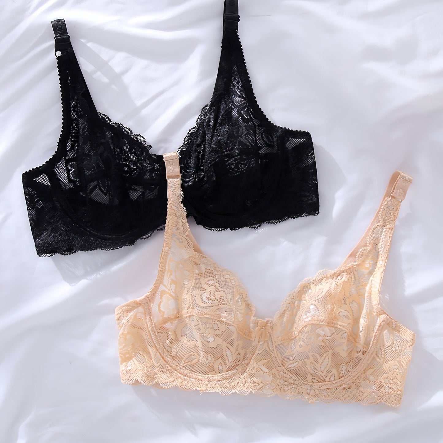 2 plain lace bras, semi-sheer and elegant for daily wear in women's lingerie.