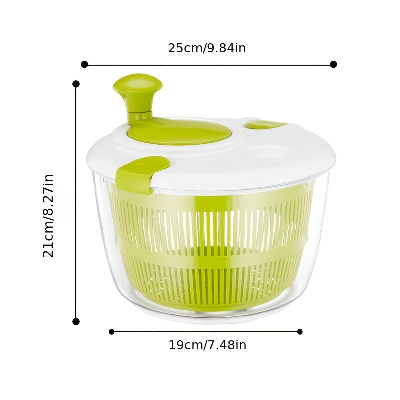 Plastic salad spinner with filter basket for drying salad, fruits, and vegetables in the kitchen. No electricity needed, includes rotating bowl and mesh basket.