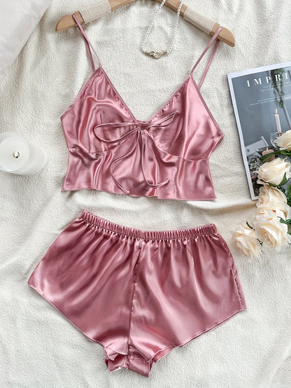 Solid satin pajama set with backless crop top and mini shorts for women, perfect summer sleepwear