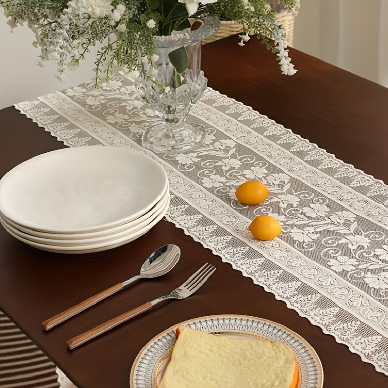 Long boho-chic lace table runner in farmhouse style, ideal for dining and bedroom decor, made of polyester blend.