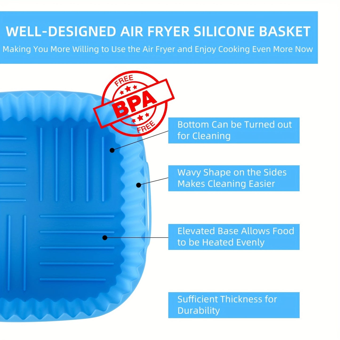 Silicone Air Fryer Liner in 5pcs set, each measuring 19.0cm. Also includes Square Air Fryer Liners Pot and BPA-Free Silicone Basket Bowl. These reusable Baking Tray liners are Dishwasher Safe and make for convenient Oven Accessories. Essential Baking