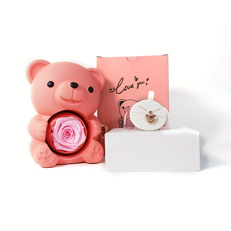 Art Deco style rotating jewelry box with bear hug flower design, made of plastic with "Love You" message and gift box included.