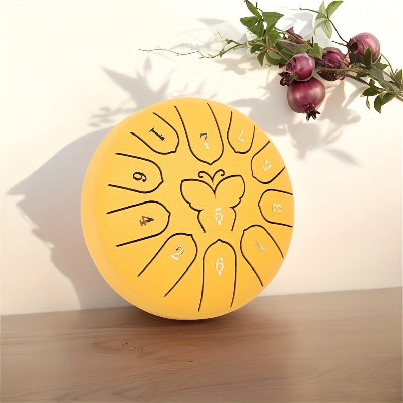 Steel Tongue Drum with 11 Notes, 15.24 cm for Sound Healing and Meditation, includes Carry Bag, Music Book, Sticks, and Accessories.