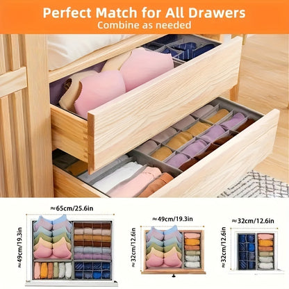 Set of 4 foldable storage boxes for organizing socks, bras, underwear, ties, belts, and scarves in closet drawers.