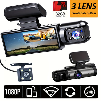 3-channel dash cam for cars with 1080P front camera, 720P inside camera, and 720P rear camera. Includes 1080P car DVR black box, 24H parking mode, free 32GB SD card.