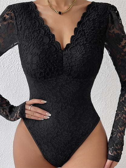 Stylish lace bodysuit with long sleeves, slim fit, see-through design, solid color, and floral print - made of polyester and elastane blend, recommend hand wash or dry clean.