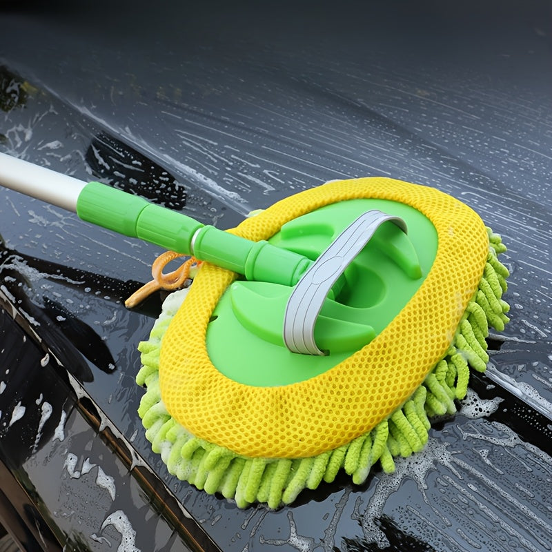 Green Microfiber Chenille Car Wash Mop with Easy-Extend Handle for Effective Vehicle Detailing and Cleaning - No Power Required, Ideal for Car Body, Roof, Headlight, and Glass