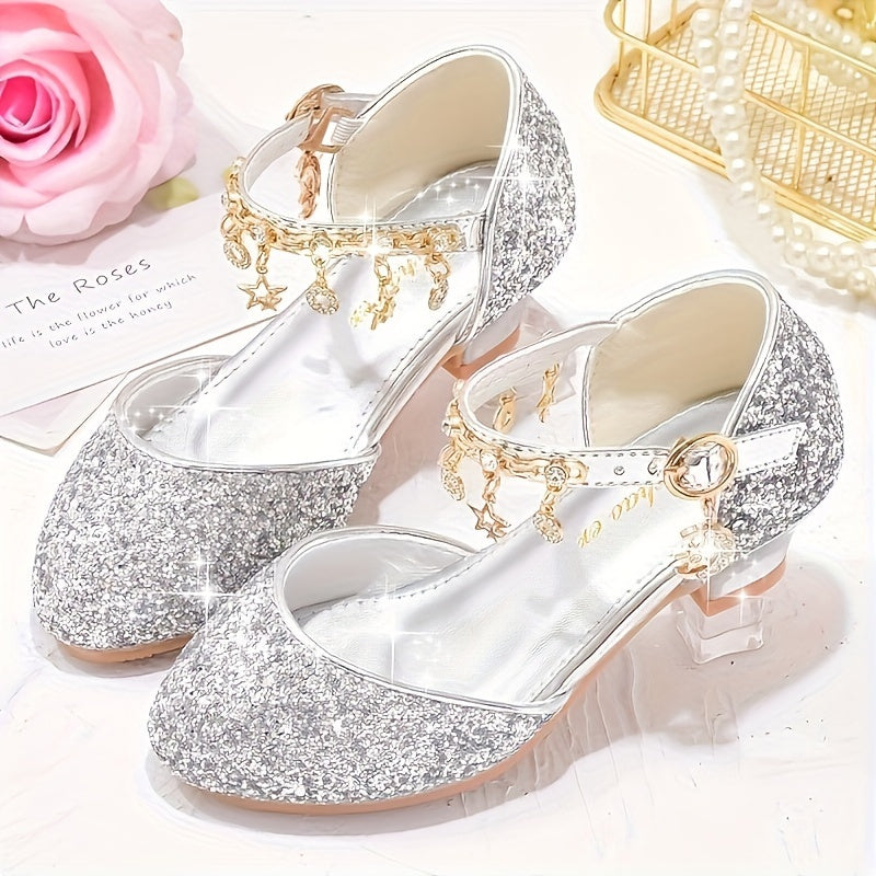 Girls' sparkling princess high heels with glittery golden sequin and rhinestone star design, perfect for weddings, performances, and formal events. Elegant ankle suspender dress shoes