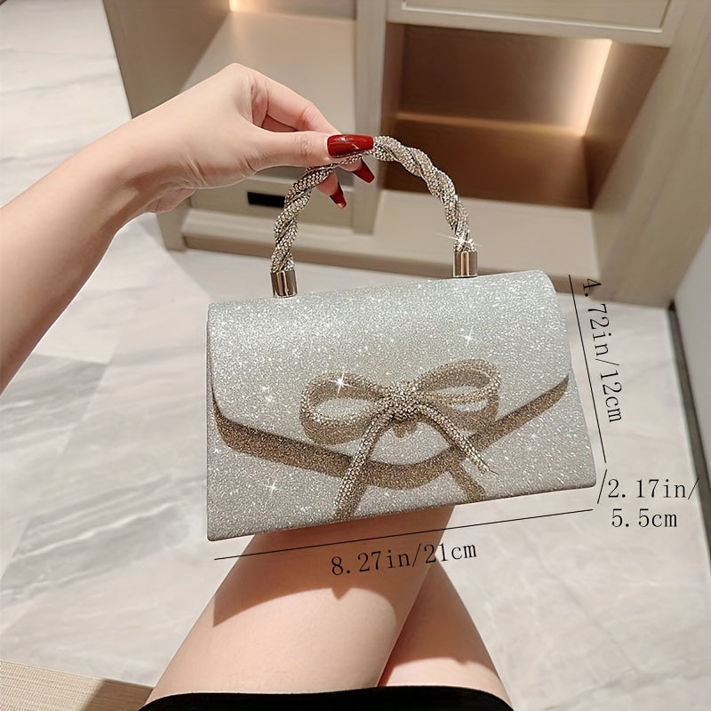 Stylish clutch bag for women, with rhinestone bowknot and chain strap, in polyester material. Magnetic closure, available in black, gold, and silver gray.