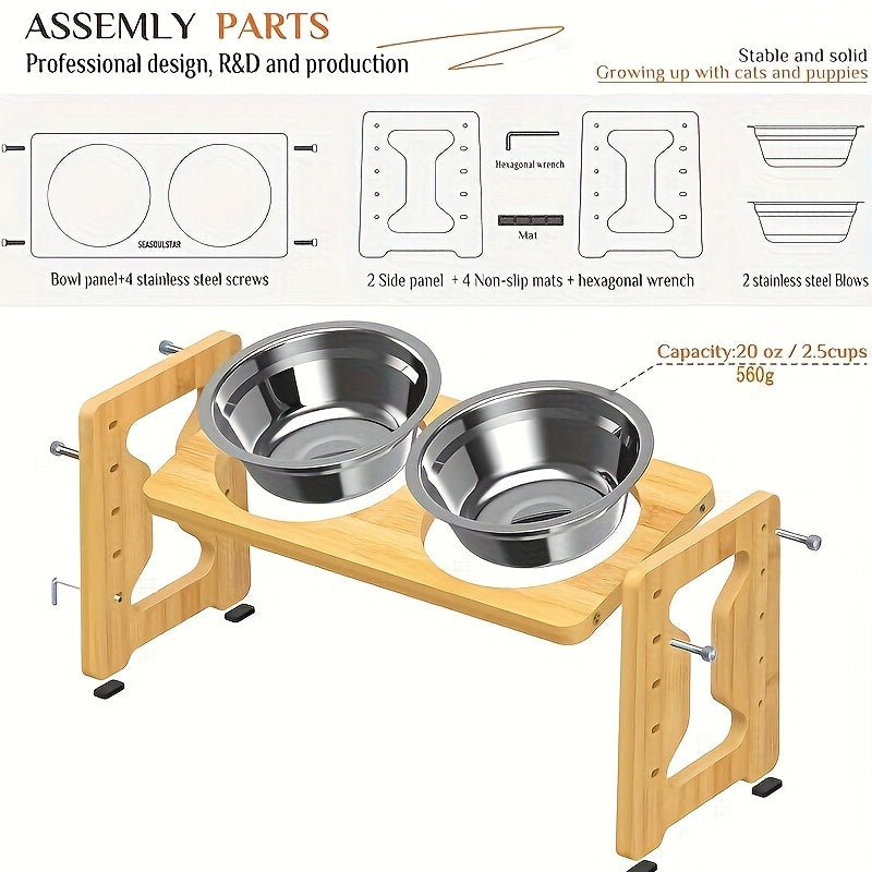 Sturdy adjustable pet feeder with bamboo stand, 2 stainless steel bowls, and tilted design for easy eating and drinking.